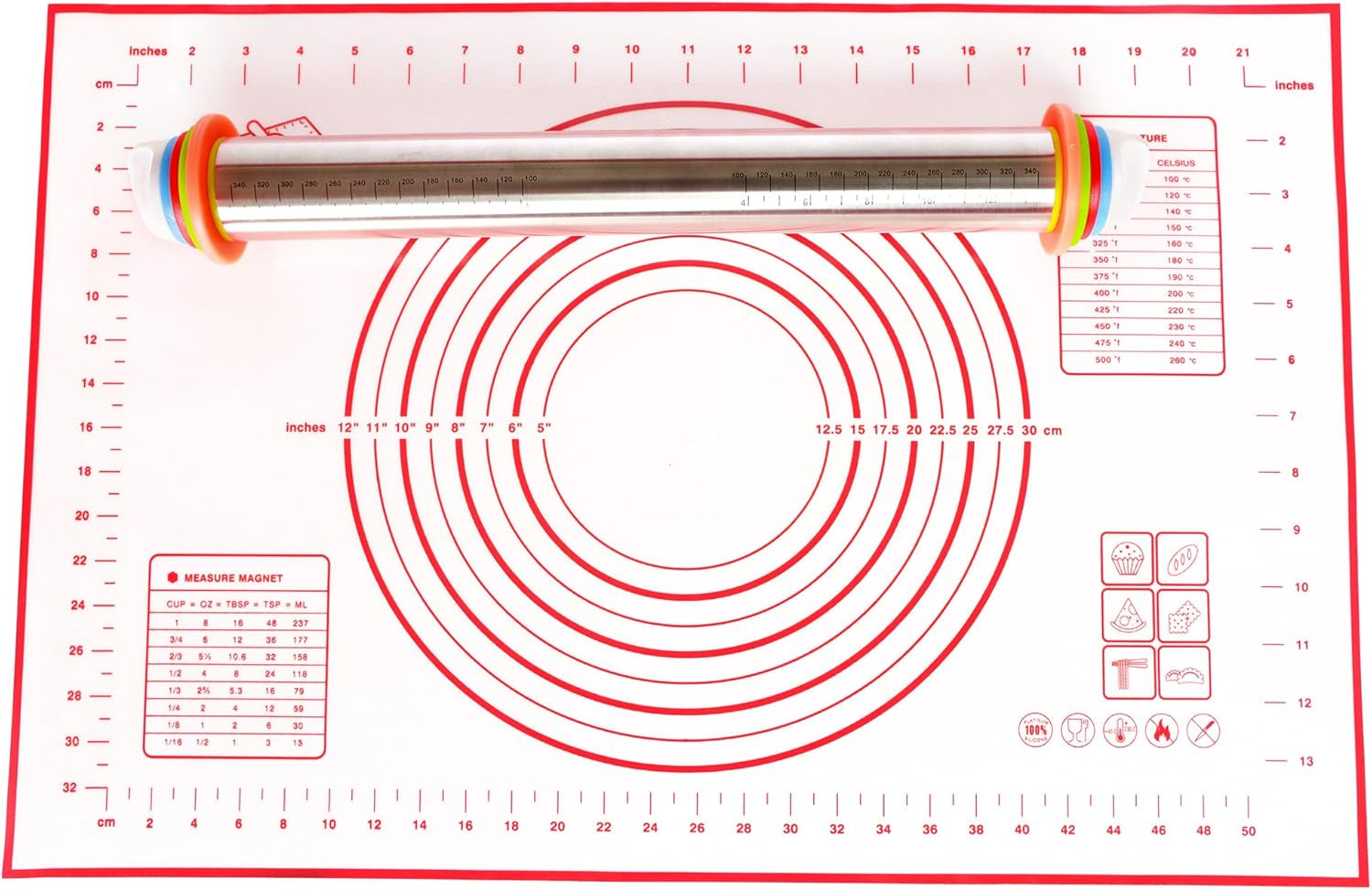 Adjustable Rolling Pin with Thickness Rings for Baking, Stainless Steel Desgins Dough Roller Pins with Silicone Pastry Nonstick Mat for Cookie Decorating Baking Supplies Fondant Cake Baker