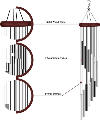 Wind Chimes for Outside, Sympathy Wind Chimes Outdoor Clearance with 12 Aluminum Alloy Tubes and Hook, Memorial Wind Chime Gift Decoration for Home, Patio, Garden, Outdoor