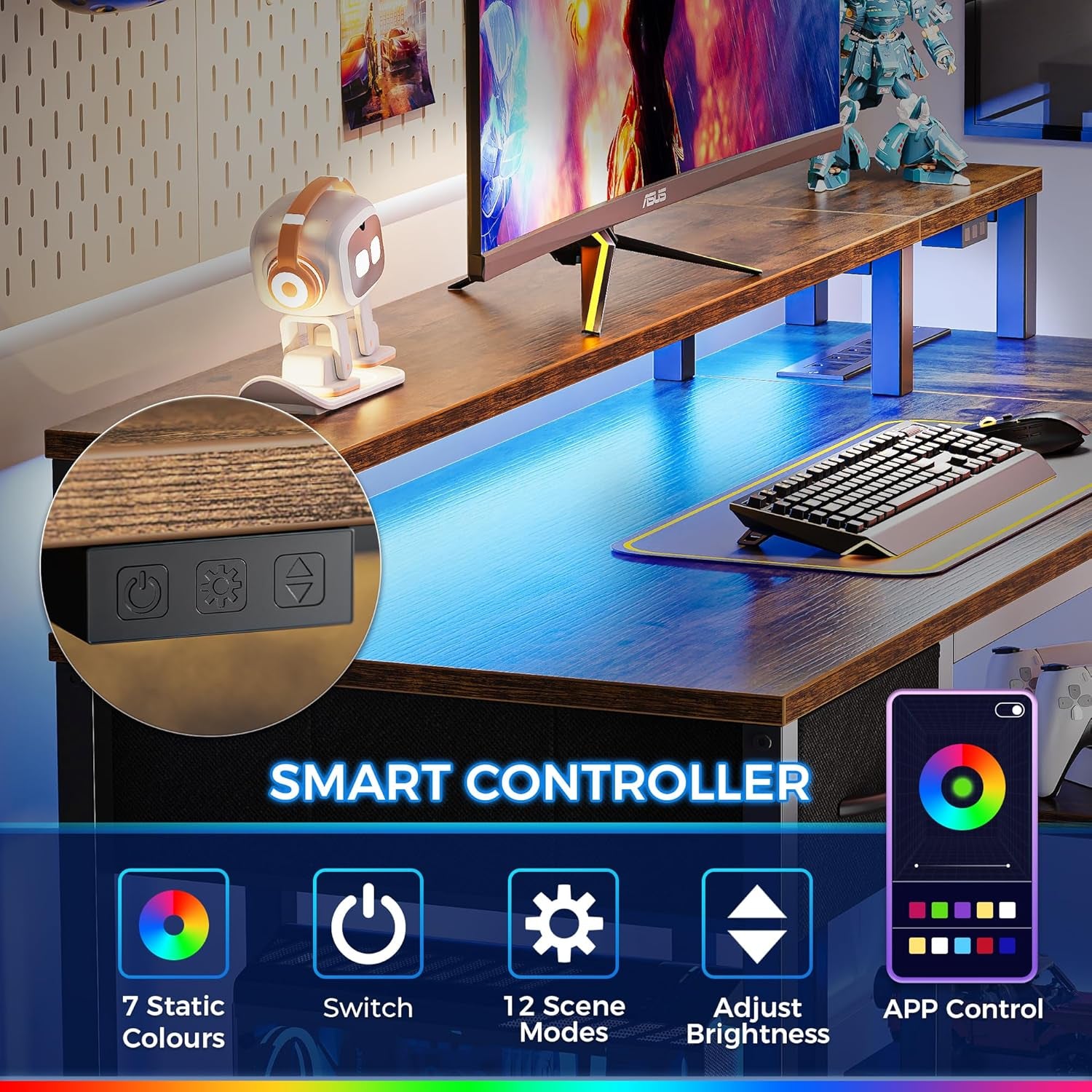 47-Inch Reversible L-Shaped Desk with LED Lighting and Power Outlets, Featuring Shelves, Monitor Stand, Drawer, and Rustic Brown Finish for Home Office and Gaming Use