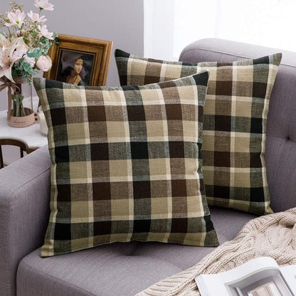 Pack of 2 Decorative Throw Pillow Covers Checkered Plaids Tartan Linen Rustic Farmhouse Square Cushion Case for Bench Sofa Couch Car Bedroom Coffee and Brown 18X18 Inch 45X45 Cm