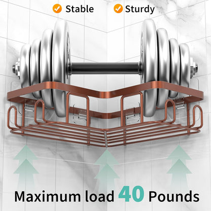 Adhesive Corner Shower Caddy, 3 Pack Organizer with Soap Holder and 12 Hooks, Rustproof Shower Shelves for Bathroom, Brown