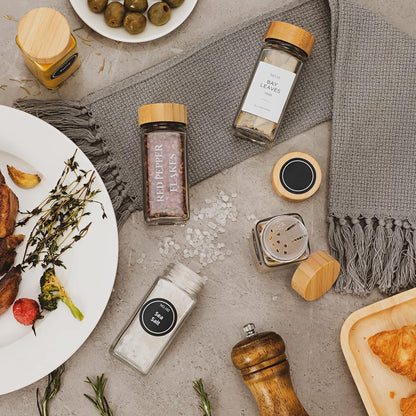 24 Pcs Glass Spice Jars with Bamboo Lids, 4 Oz Glass Jars with Minimalist Farmhouse Spice Labels Stickers, Collapsible Funnel, Seasoning Storage Bottles for Spice Rack, Cabinet, Drawer