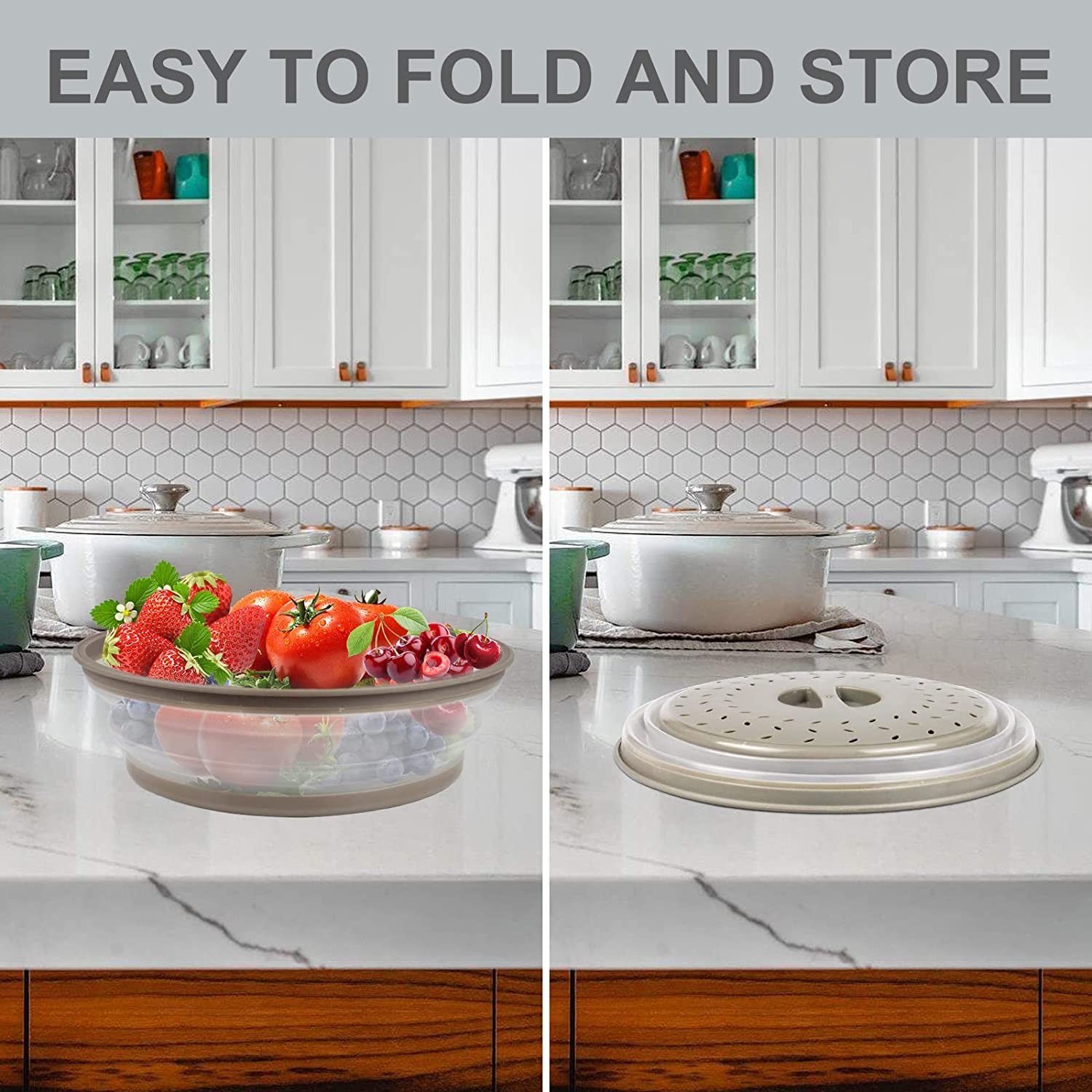 3 in 1,  Microwave Mat & Food Cover- 10" Mat as Bowl Holder, 8" as Bowl Cover, Collapsible Lid for Plates Dishes Splatter Guard, Multi-Purpose Silicone Mat & Kitchen Colander for Meal Prep,Grey