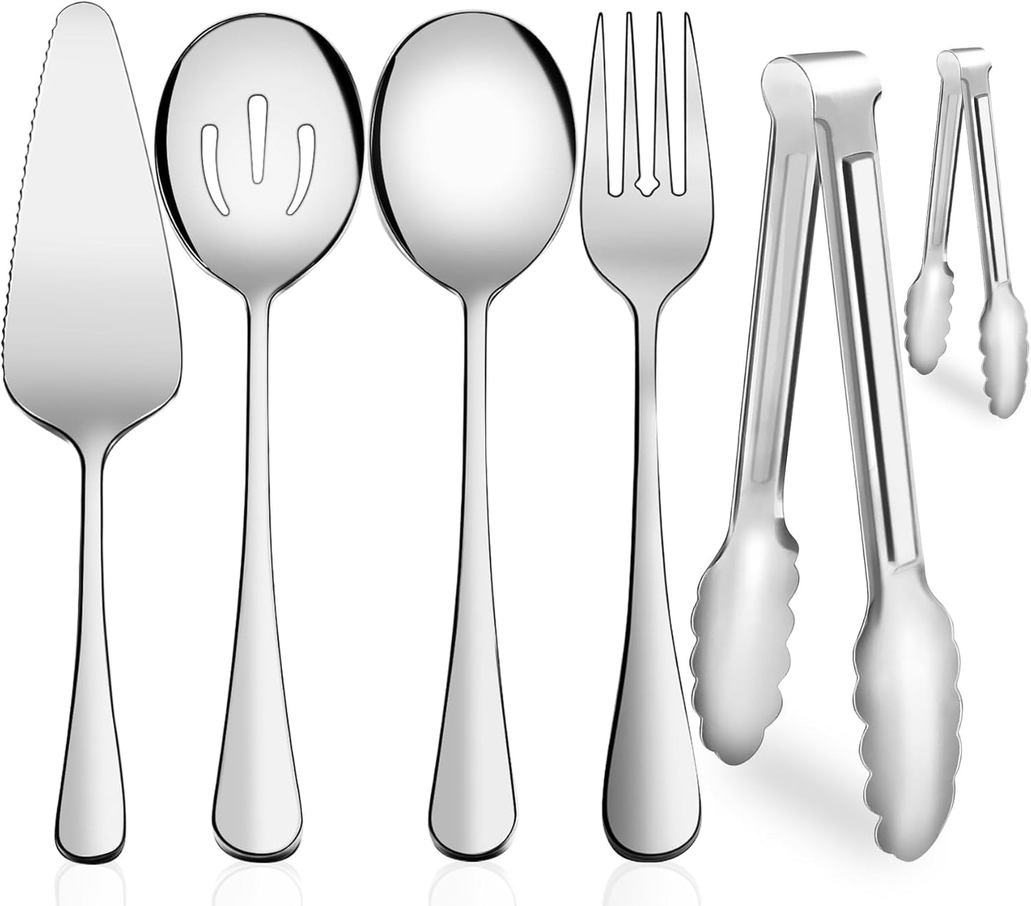 Serving Utensils,  6-Piece Stainless Steel Serving Utensil Set Include Serving Spoon, Slotted Serving Spoon, Serving Fork,Serving Tong, Appetizers Tong,Pie Server (Silver), Regular