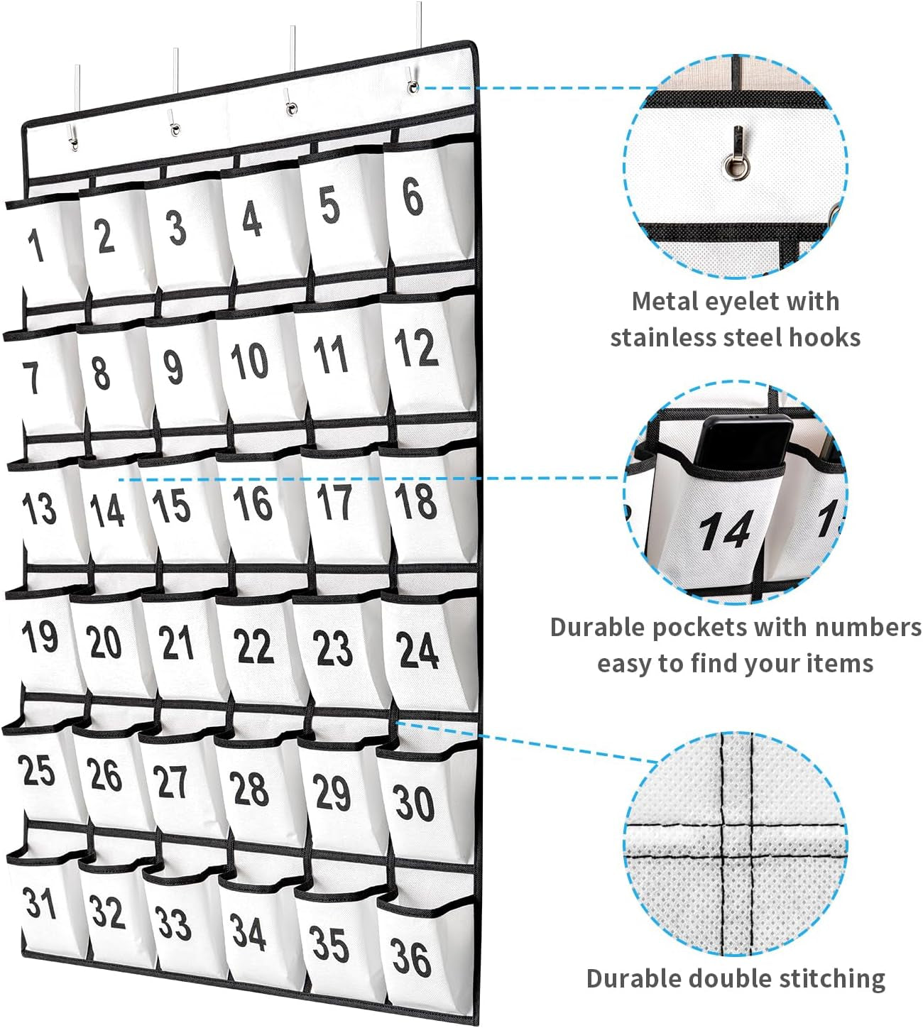 36-Pocket Numbered Classroom Pocket Chart for Cell Phone and Calculator Storage with 4 Stainless Steel Hooks (White)