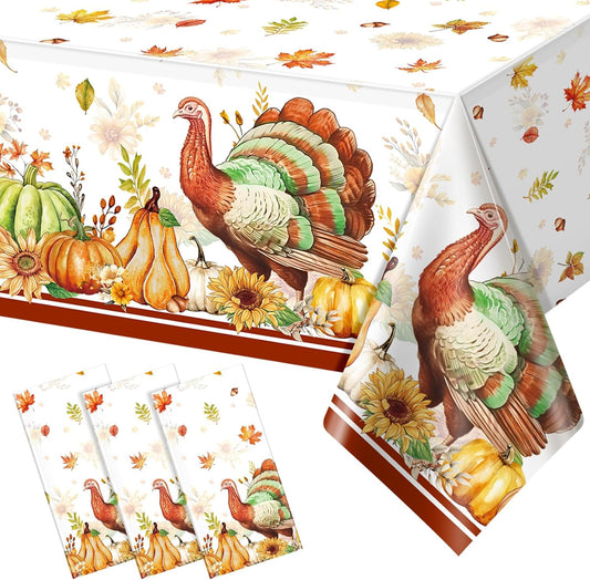 3 Pack Thanksgiving Tablecloth Disposable, Plastic Thanksgiving Table Cover for Rectangle Tables, Watercolor Turkey Pumpkin Maple Leaves Table Cloth for Fall Harvest Party Decorations, 54 X 108 Inch