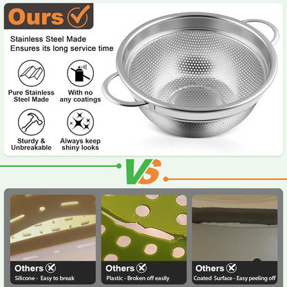 Colander Strainer Stainless Steel 3 Quart, Metal Micro-Perforated Colander for Kitchen Food, Ideal for Rinsing Washing Draining, Dishwasher Safe, Shiny Silver, 2PCS
