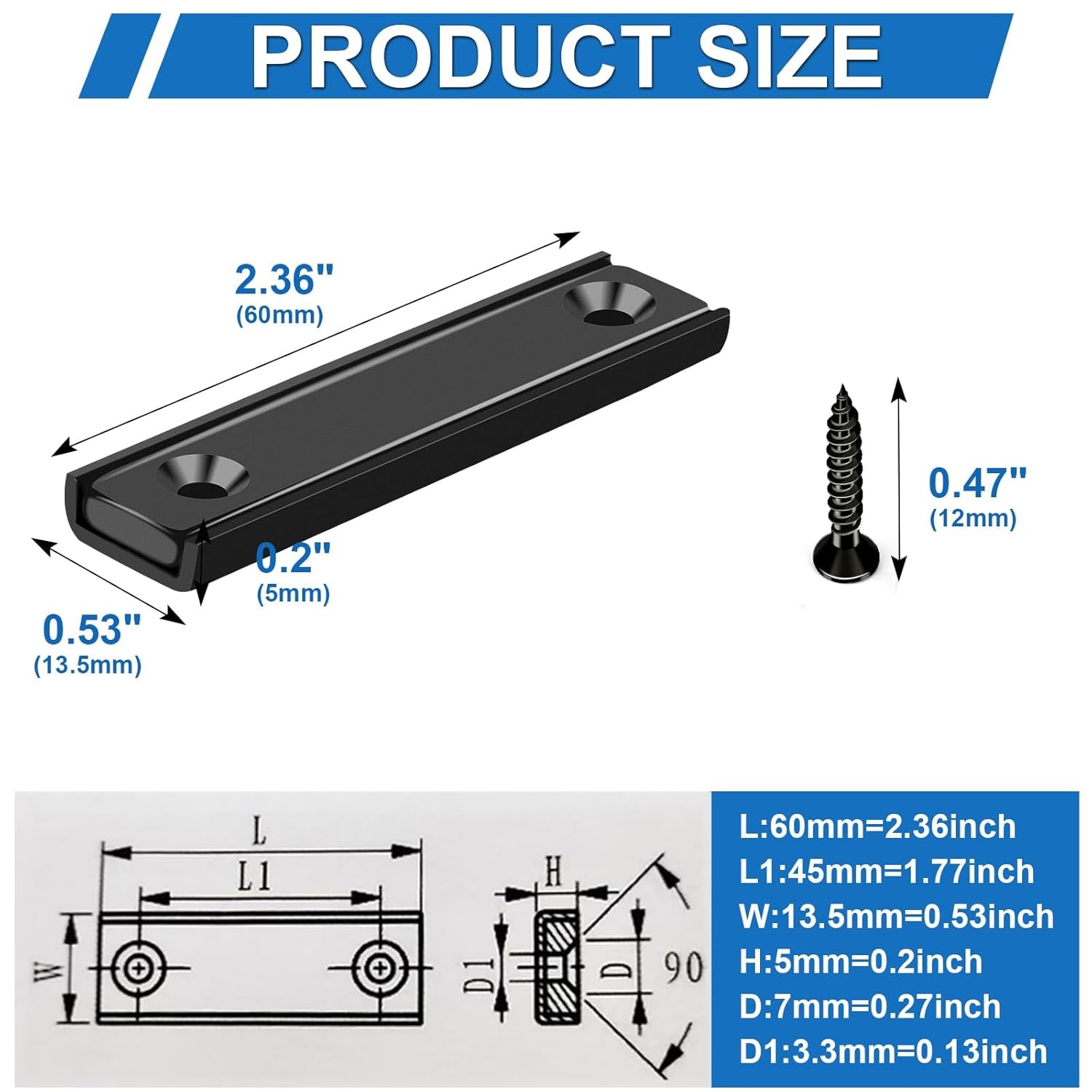 Neodymium Rectangular Pot Magnets 80Lbs, 60X13.5X5Mm Strong Bar Magnets with Countersunk Hole, Rare Earth Magnet for Mounting,Cabinet Magnet for Magnetic Door Catch, Black Pack of 6