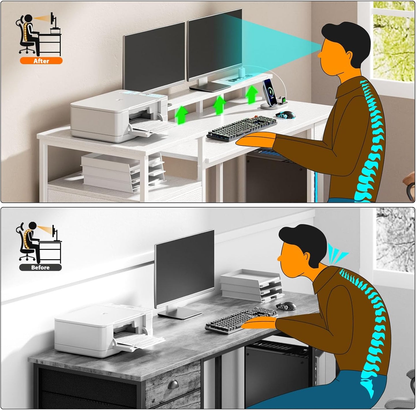 60" White Office Computer Desk with 4 Drawers,Gaming Desk with LED Lights and Power Outlets,Long Desk with Fabric File Cabinet,Study Writing Work Table with Shelf for Bedroom Home Office