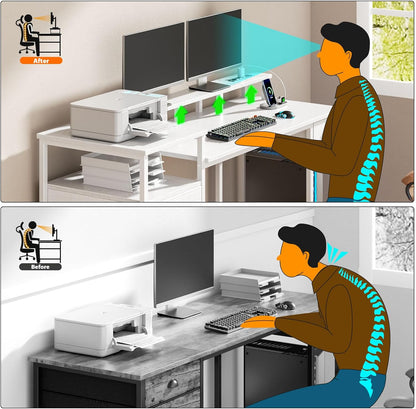 60" White Office Computer Desk with 4 Drawers,Gaming Desk with LED Lights and Power Outlets,Long Desk with Fabric File Cabinet,Study Writing Work Table with Shelf for Bedroom Home Office
