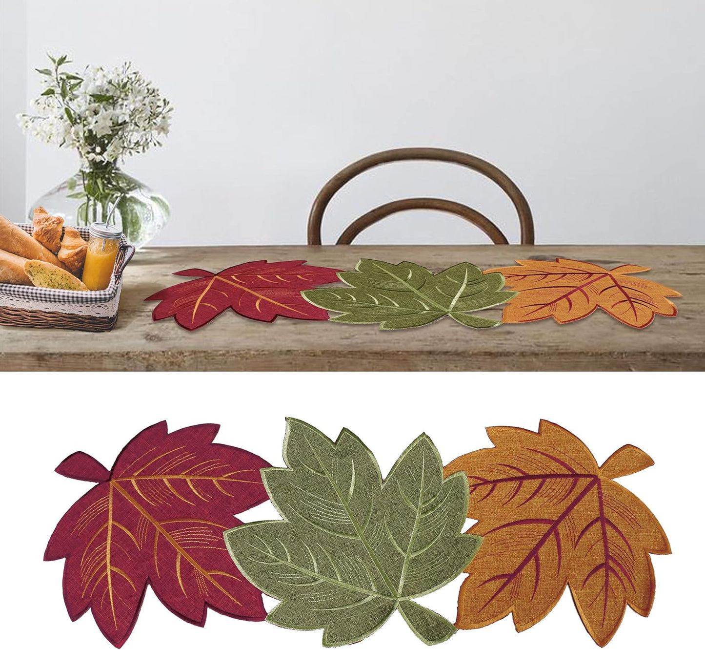 Thanksgiving Leaves Table Runners, Fall Decor for Home, 13 Inch X 36 Inch, Embroidered Harvest Maple Leaf Decoration for Autumn, Farmhouse Centerpieces with Applique Red Green Orange Leaves