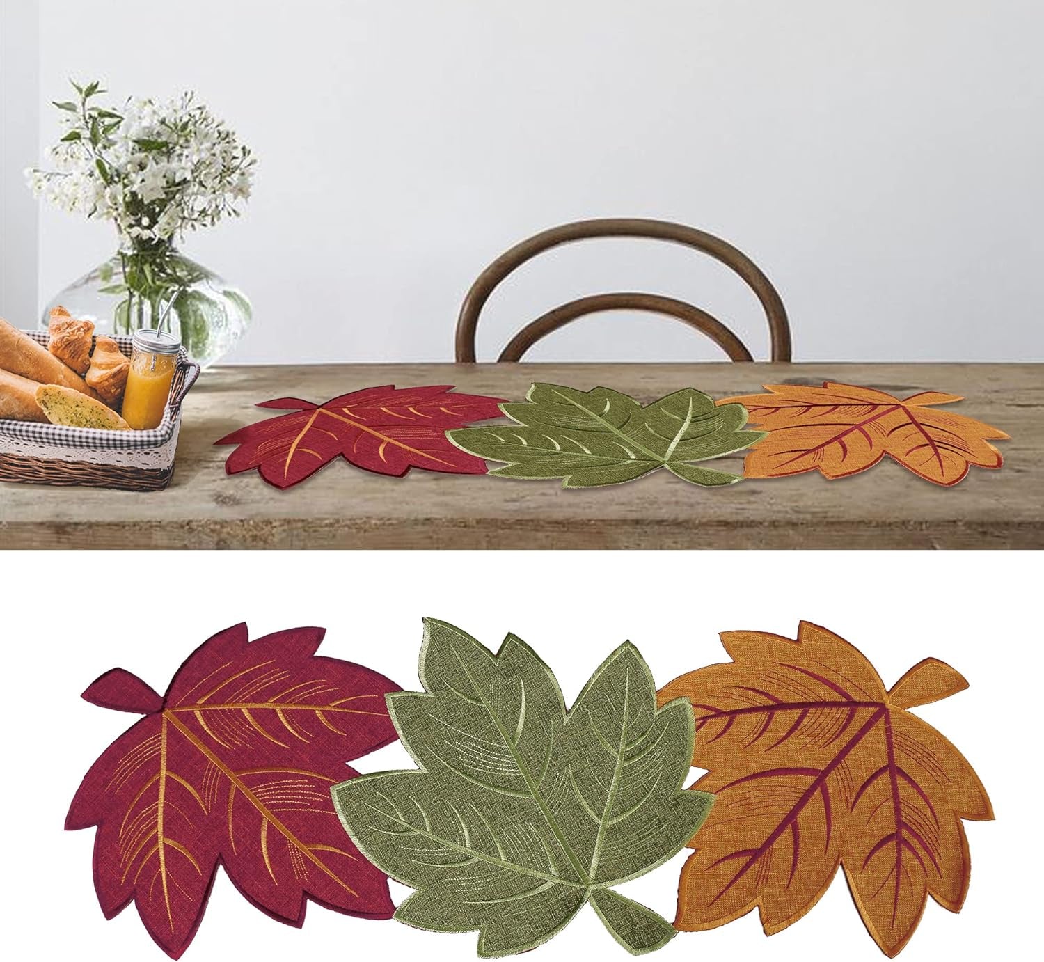Thanksgiving Leaves Table Runners, Fall Decor for Home, 13 Inch X 36 Inch, Embroidered Harvest Maple Leaf Decoration for Autumn, Farmhouse Centerpieces with Applique Red Green Orange Leaves