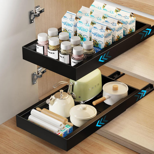 1 Pack Pull Out Cabinet Organizer, 21.8" Deep Slide Out Drawer for Cabinets Adhesive Pull Out Drawers Heavy Duty Pull Out Shelves for Kitchen, Cupboard, Pantry, Bathroom-Black