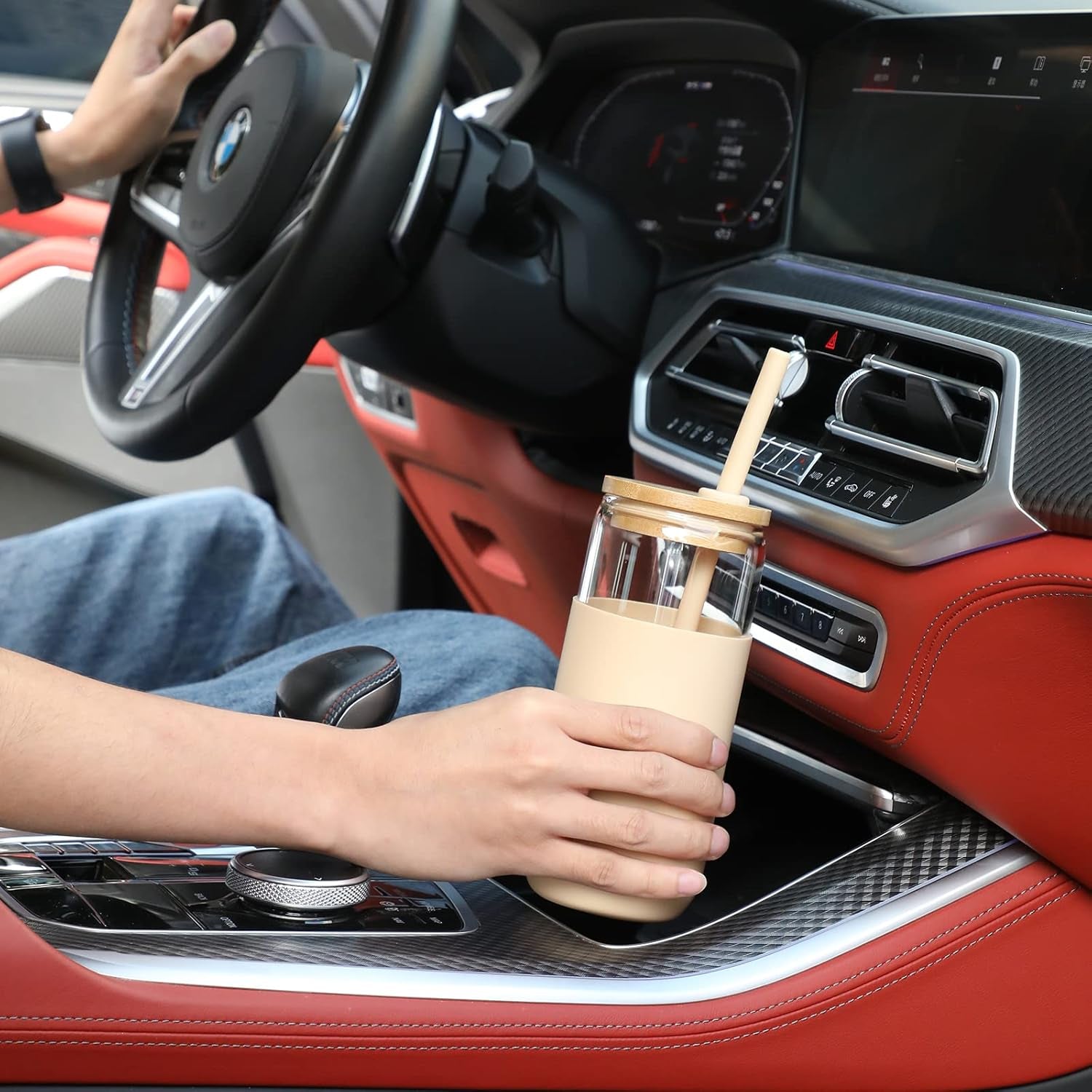 20 OZ Glass Cups with Bamboo Lids and Straws - Beer Can Drinking Glasses with Silicone Protective Sleeve Set, Iced Coffee Glasses, Cute Tumbler Cup for Water, Smoothie, Boba Tea, Gift, 2 Colors