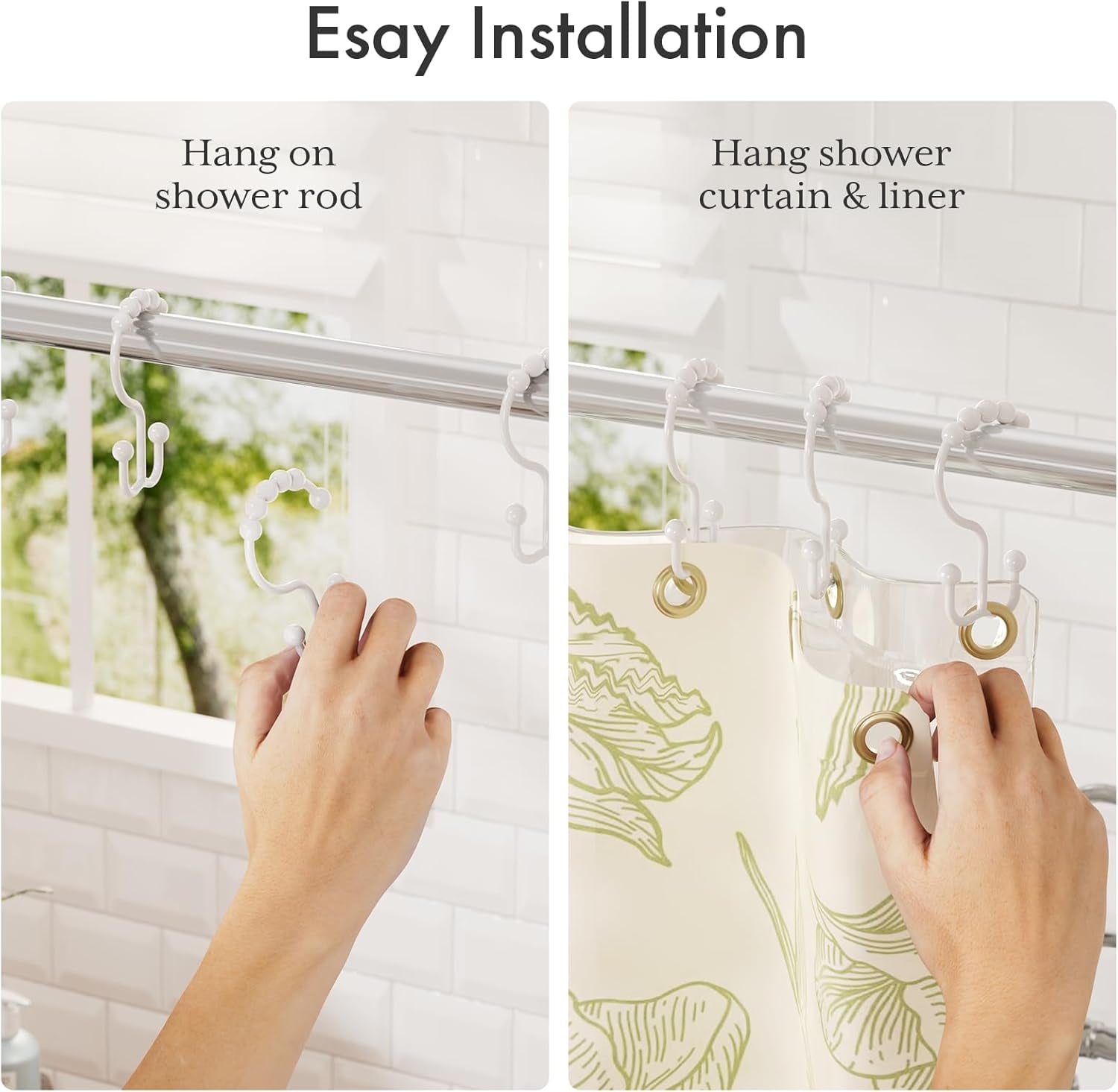 Plastic Shower Curtain Hooks, Shower Curtain Hooks Rings, Double Shower Curtain Hooks, Shower Hooks for Shower Curtain, White Shower Curtain Hooks for Curtain Liner Bathroom - 12 Pcs