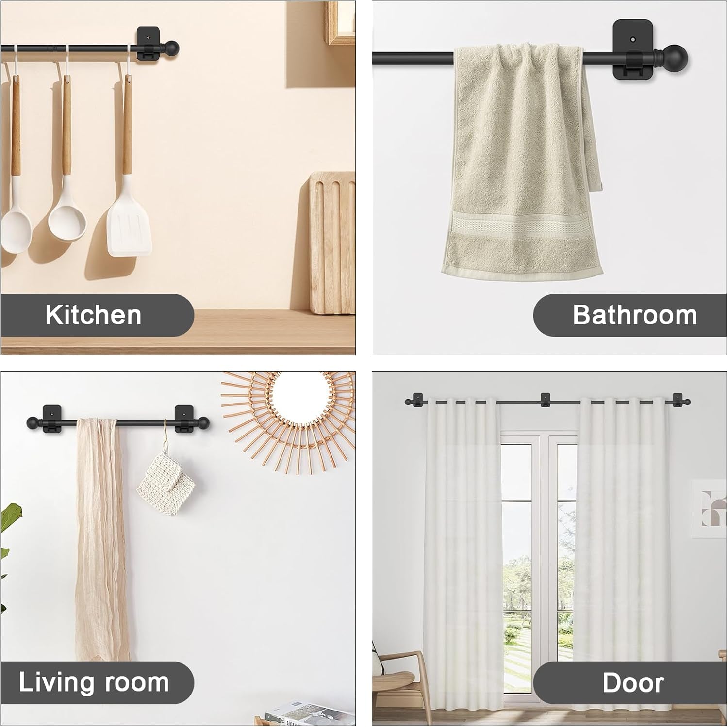 2 Pack Black Curtain Rods No Drilling, 5/8 Inch Renter Friendly Curtain Rod for Windows 28 to 48 with 2 Types of Brackets