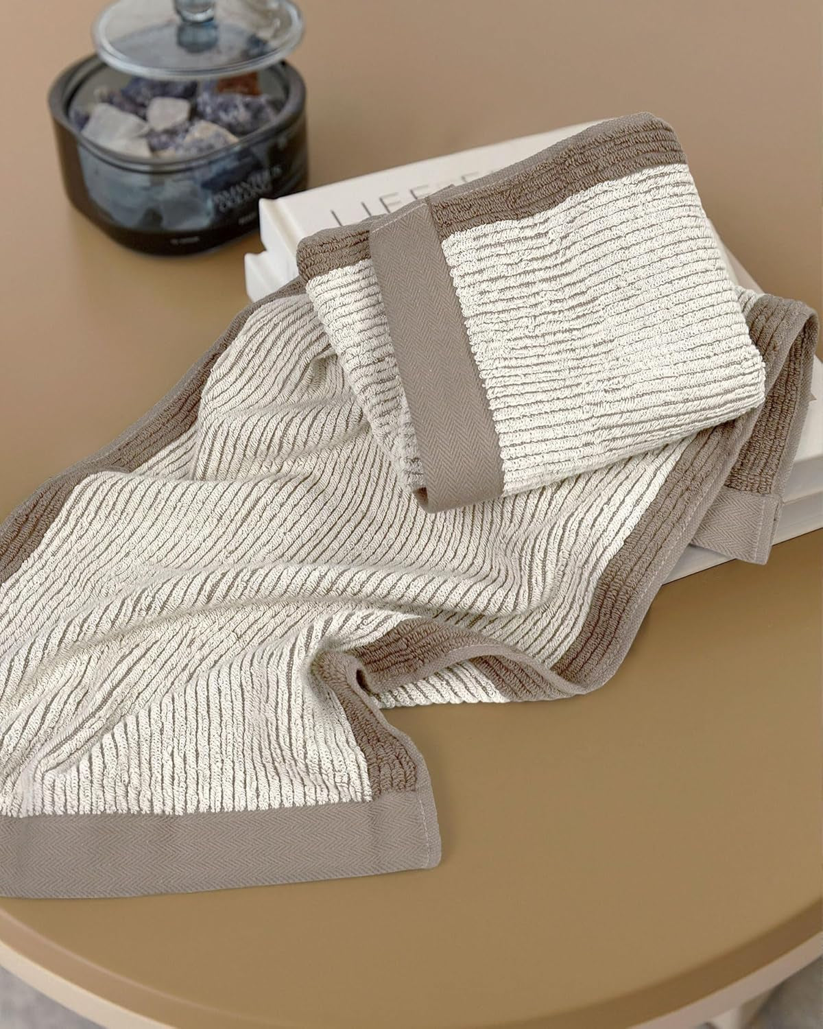 Hand Towels for Bathroom Set of 4, Jacquard Weaved Cotton Face Towels, 28 X 13.7 Inches (Light-Brown)