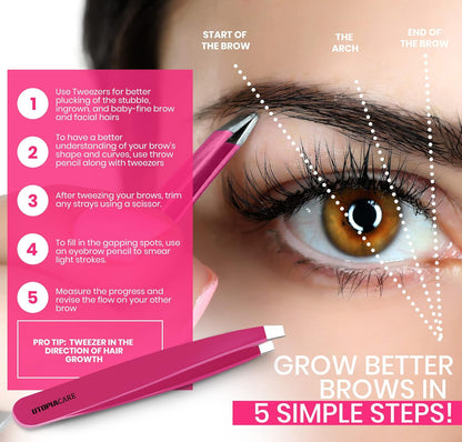 Professional Tweezers 4 Piece Set, Stainless Steel Slant, Pointed, Flat & Curved Tweezers for Eyebrows, Ingrown Hair & Splinter Removal, Grooming & Beauty Tools, Pink