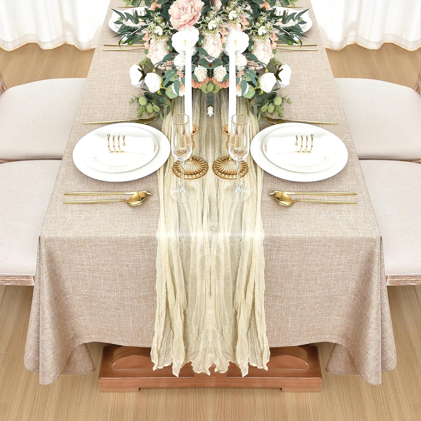 Faux Linen Rectangle Tablecloths - Water and Stain Resistant Farmhouse Style, Washable Burlap Texture, 2-Pack (52x70 Inches, Beige)