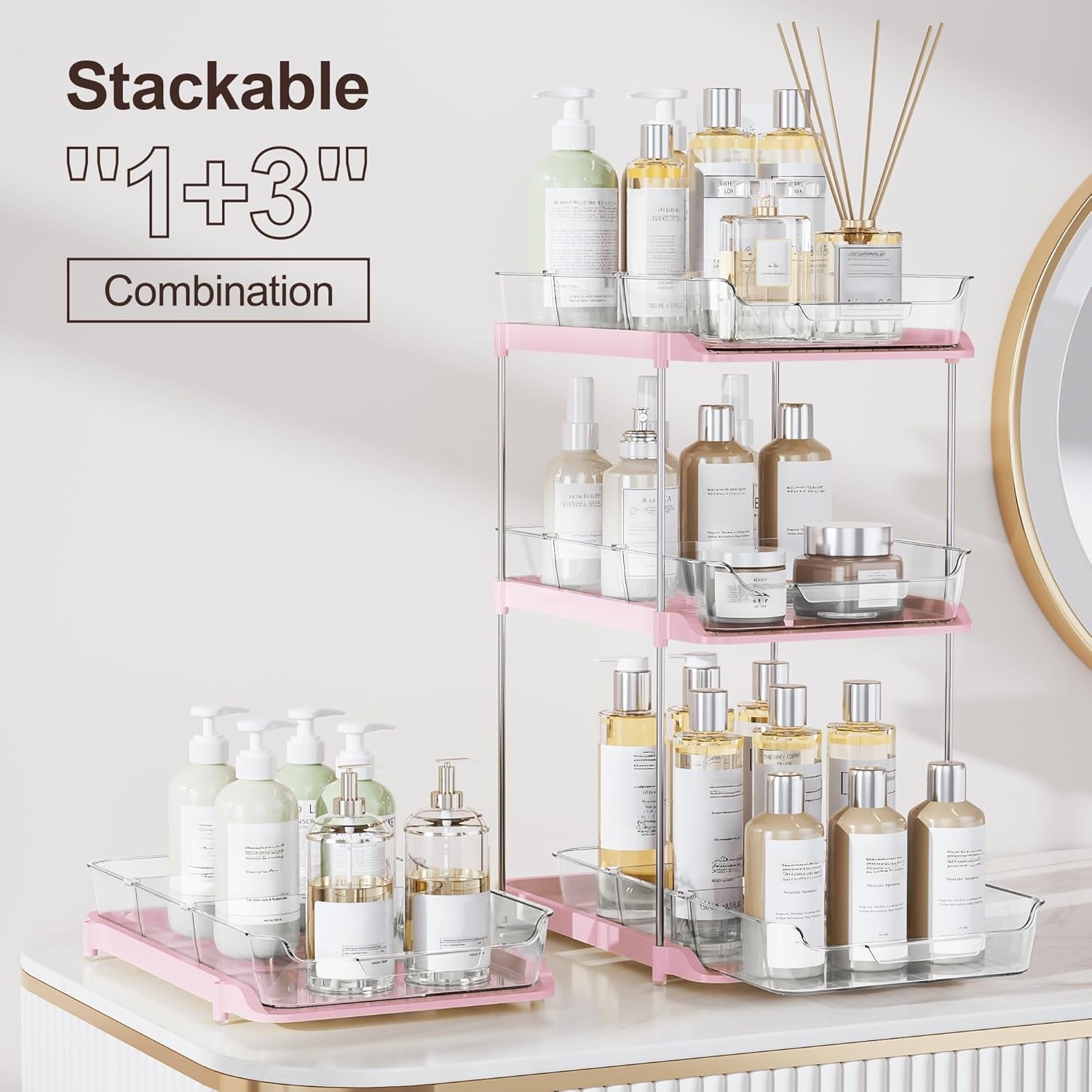 2 Sets of 2-Tier Multi-Purpose Bathroom under Sink Organizers and Storage, Stackable Kitchen Pantry Organization, Pull Out Medicine Cabinet Organizer with 8 Movable Dividers, Pink