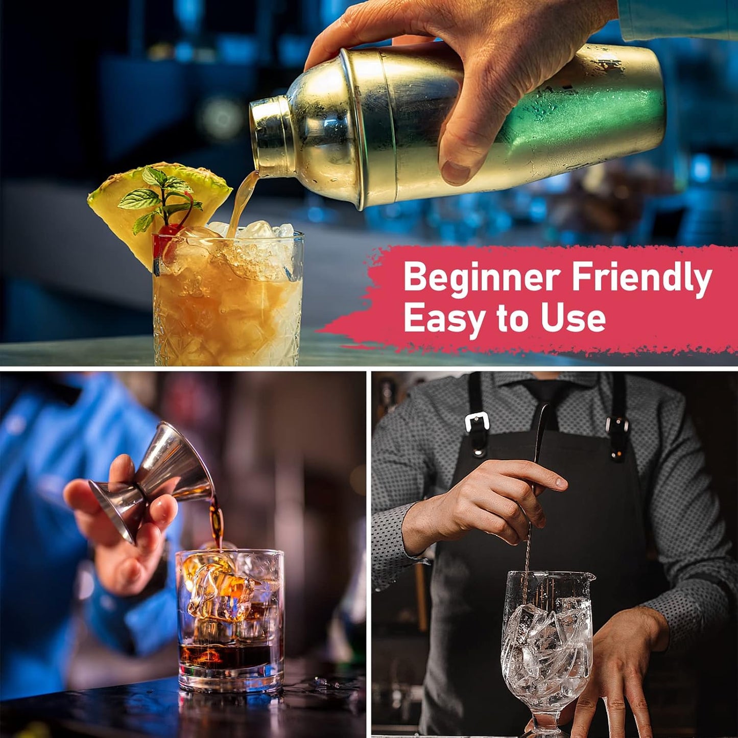 25 oz Professional Cocktail Shaker Set - Includes Martini Shaker, Margarita Mixer, Measuring Jigger, and Mixing Spoon - Premium 18/8 Stainless Steel Bar Tools for Mixology