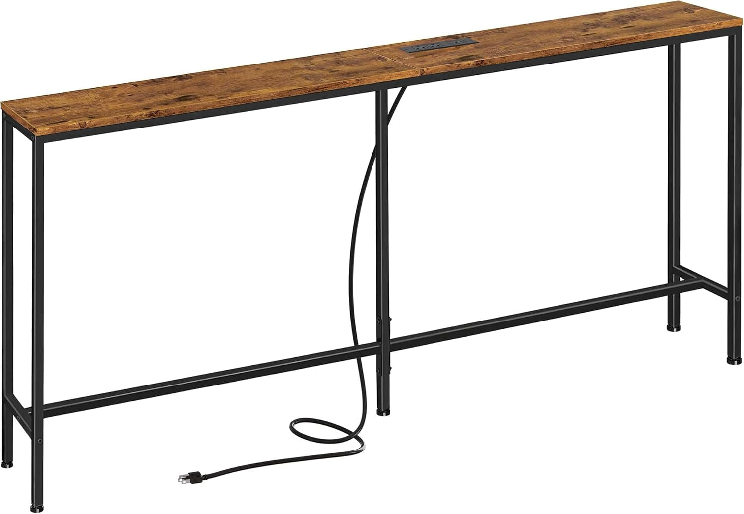 70-Inch Rustic Brown Console Table with Built-in Charging Station, Ideal for Living Room and Entryway Spaces