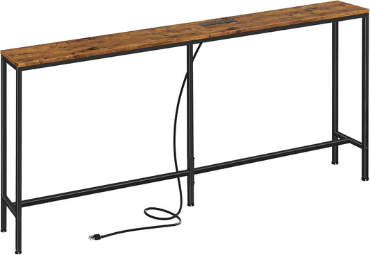 70-Inch Rustic Brown Console Table with Built-in Charging Station, Ideal for Living Room and Entryway Spaces