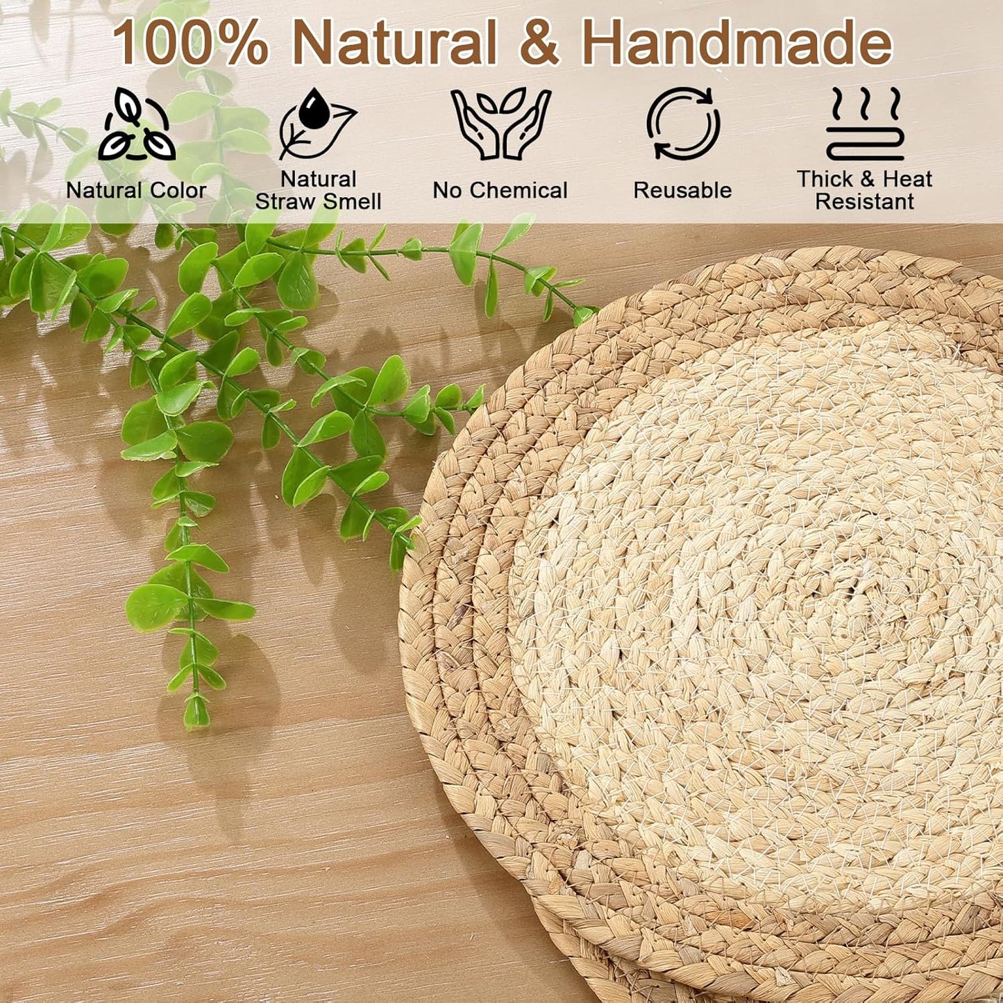 12 Inch Natural Corn Husk Water Hyacinth Woven Braided round Placemats Set of 4 Boho Place Mats Straw Rattan Wicker Table Centerpiece Mats Plate Chargers for Home Party Table Decoration