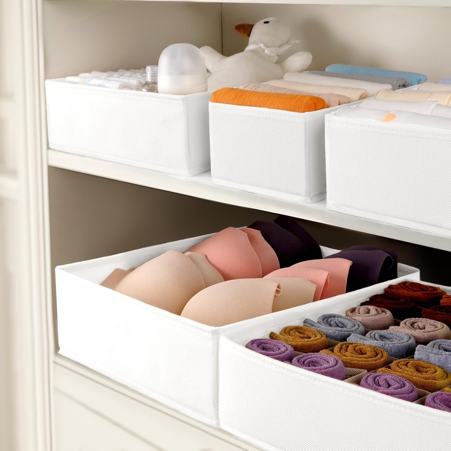 Underwear Sock Drawer Organizer Dividers 8 Set, Foldable Dresser Closet Organizers and Storage Bins for Baby Clothing, Sock, Underwear, Bra, Ties, Scarf (White)