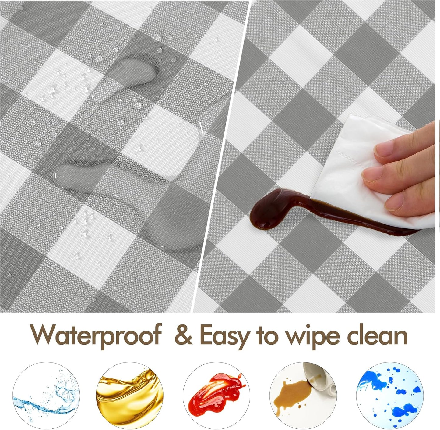 Round Vinyl Fitted Table Cover Set - 2 Pack Waterproof Checkered Elastic Edged Tablecloths with Flannel Backing for Picnics and Parties, Silver/White (Suitable for 45"-56" Round Tables)