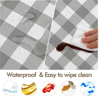 Round Vinyl Fitted Table Cover Set - 2 Pack Waterproof Checkered Elastic Edged Tablecloths with Flannel Backing for Picnics and Parties, Silver/White (Suitable for 45"-56" Round Tables)