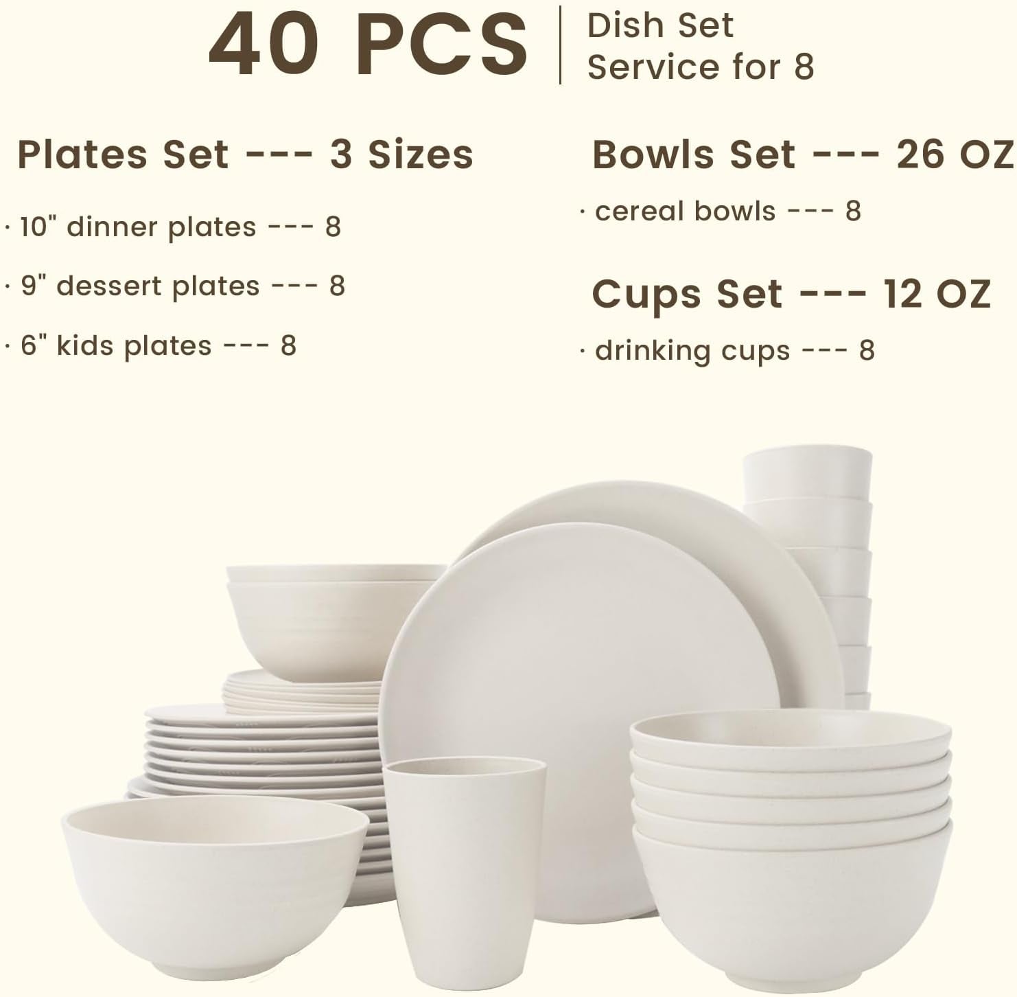 40-Piece Wheat Straw Dinnerware Set for 8 - Lightweight, Unbreakable Plates and Bowls, Microwave and Dishwasher Safe (White)