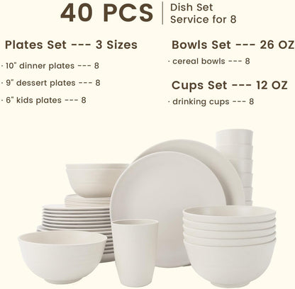40-Piece Wheat Straw Dinnerware Set for 8 - Lightweight, Unbreakable Plates and Bowls, Microwave and Dishwasher Safe (White)