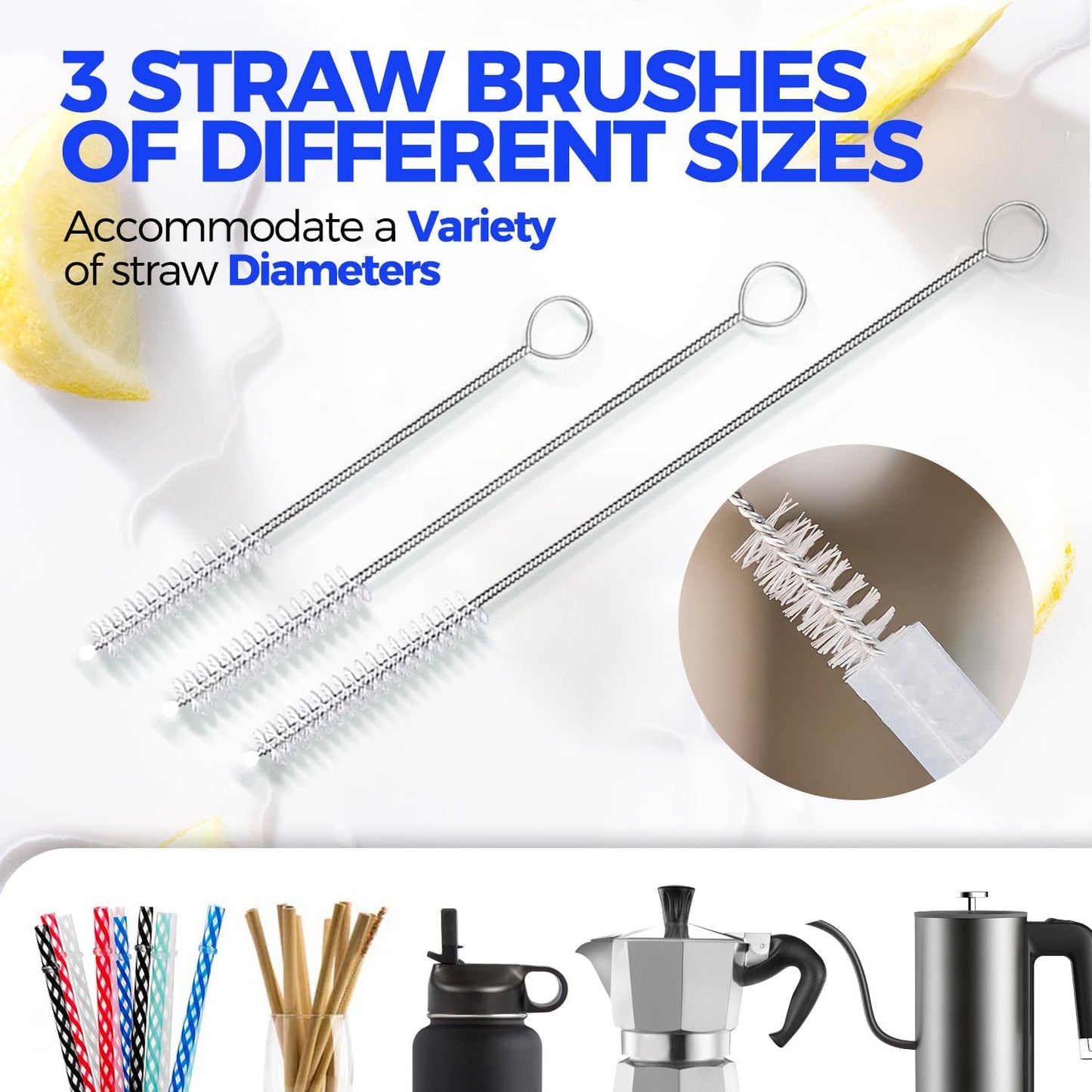 5-Piece Bottle Brush Cleaner Set - 14" Stainless Steel Handle, 3 Straw Brushes, Cleans Water Bottles, Cups, Baby Bottles, Black & Grey