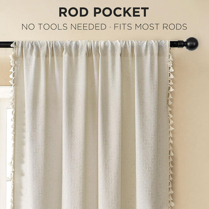 Beige Bohemian Curtains, 84-Inch Length, Set of 2 Panels, Soft Semi-Sheer Light Filtering Drapes with Tassels for Bedroom and Living Room (Rod Pocket, 52"W x 84"L)