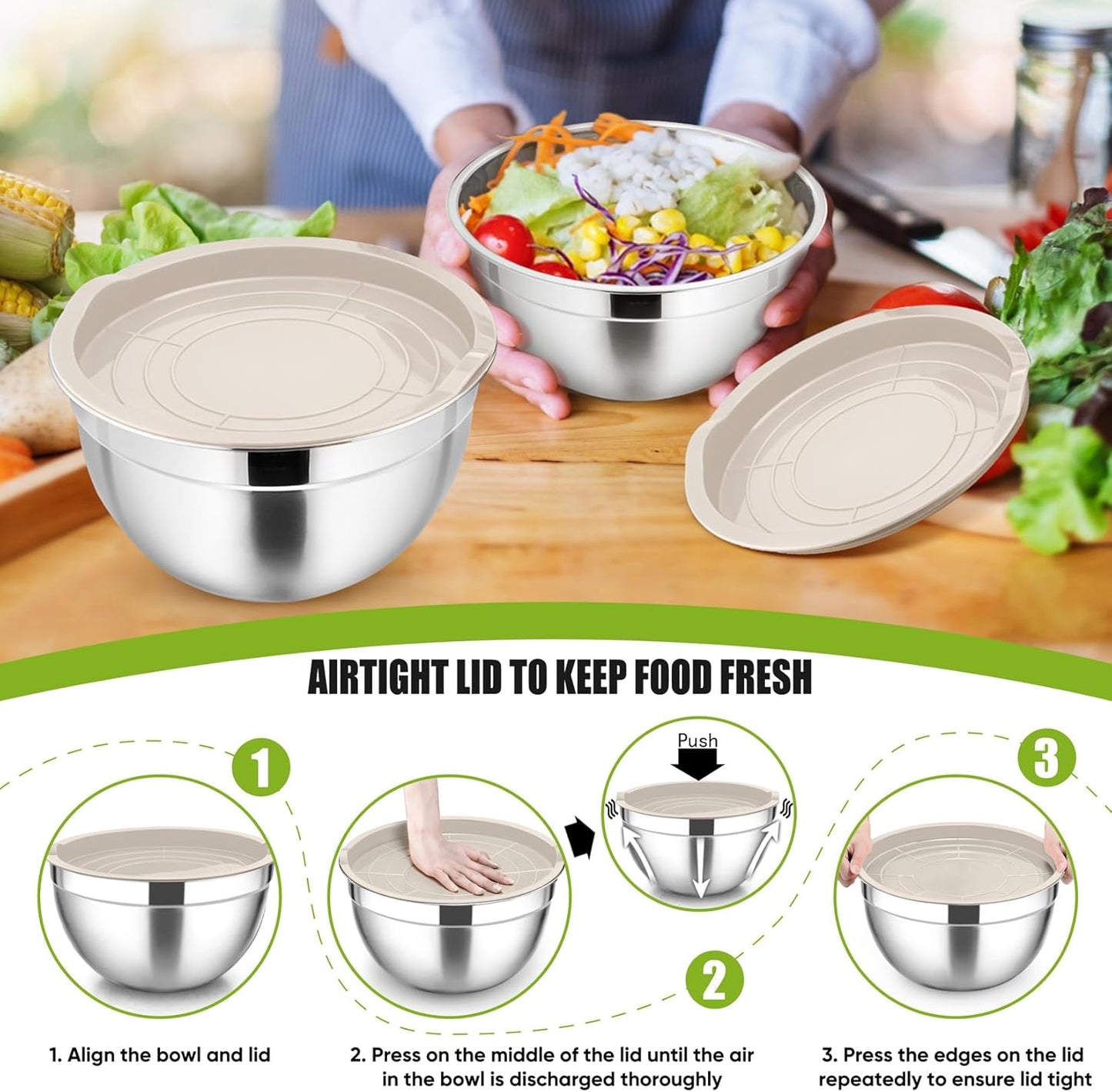 Khaki Mixing Bowls with Lids, Set of 3, Stainless Steel Salad Nesting Bowl for Mixing, Storing, Prepping, Airtight & Stackable, Size 4.6/3 /1.5 QT