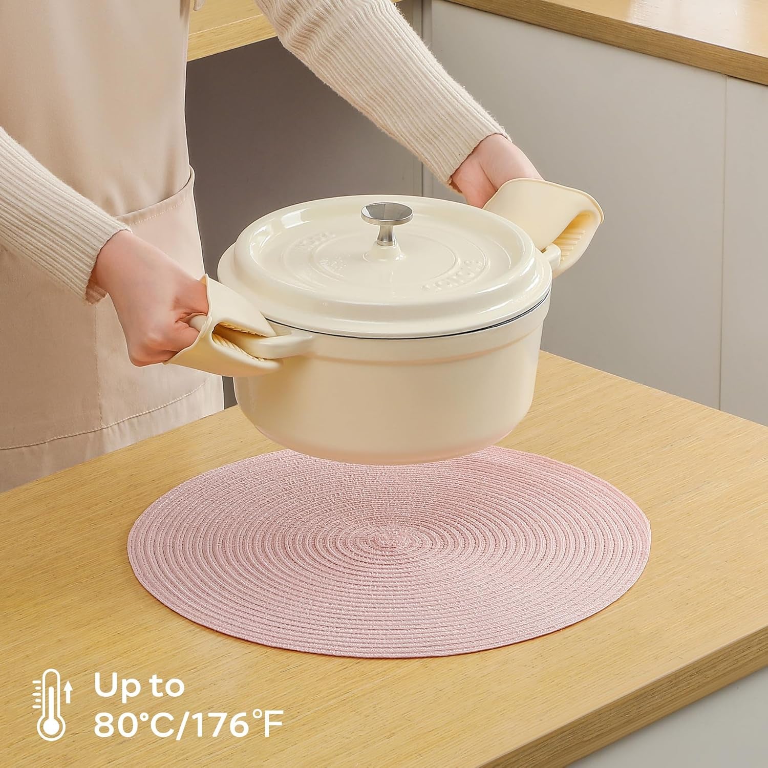 round Placemats Heat and Slip Resistant Cotton Table Mats, Washable Bohemian Placemats for Dining Tables (Pink, Set of 4)