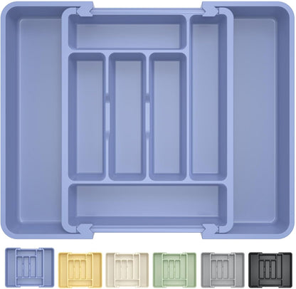 Expandable Large Silverware Organizer for Kitchen Drawers - BPA-Free Thick Plastic with Wider Compartments and Non-Skid Feet (Breezy Blue)