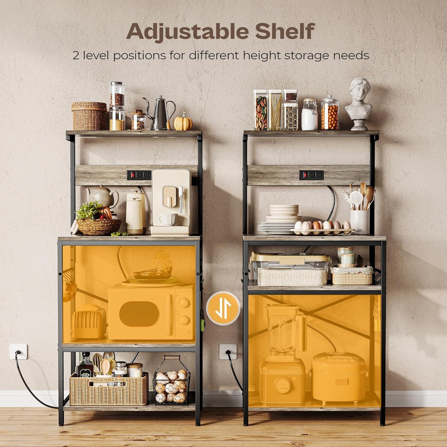 Professional Kitchen Bakers Rack with Power Outlet, Multi-Tier Coffee Bar Table, Microwave Stand, and Storage Shelf with S-Hooks - Greige