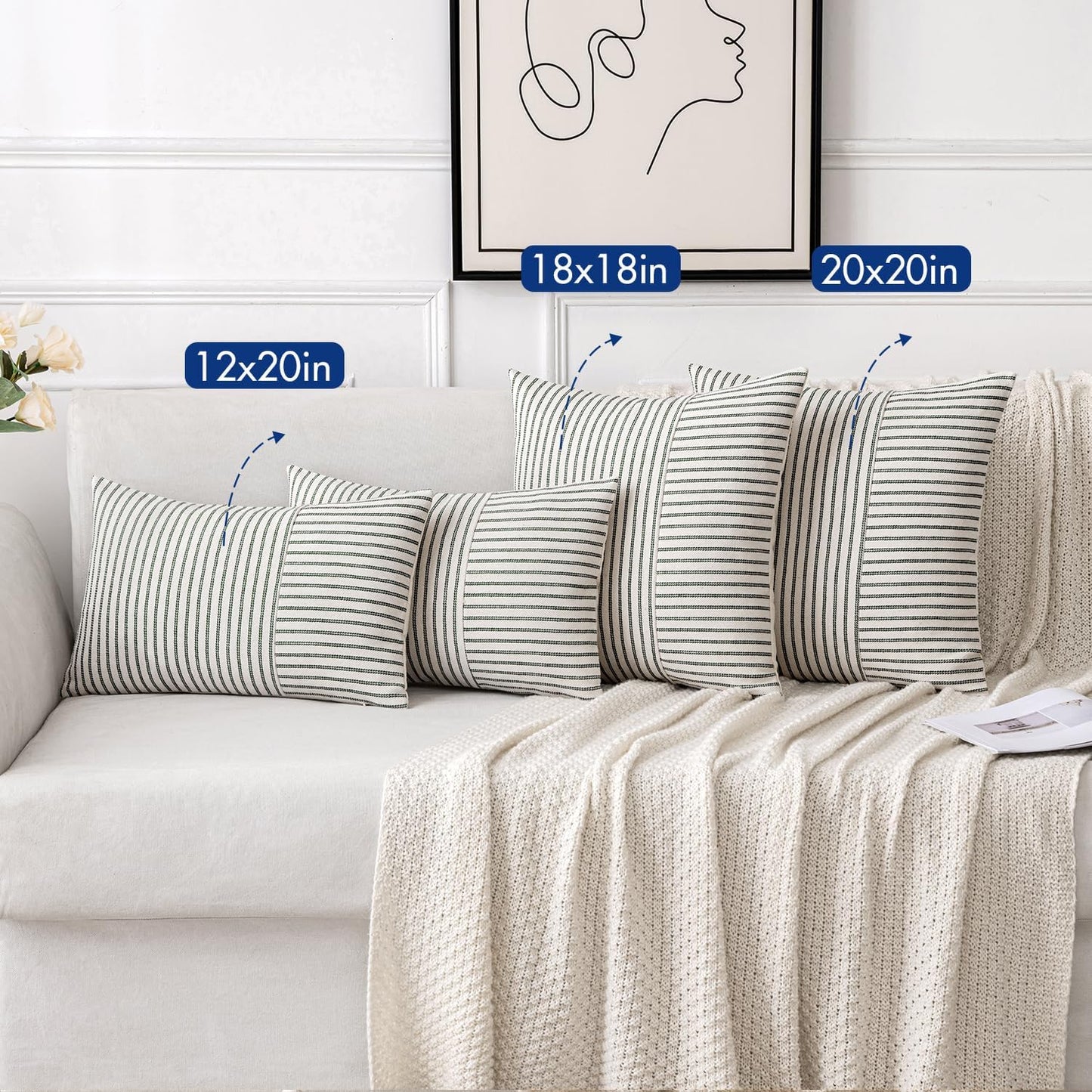 Dark Green Patchwork Farmhouse Pillow Covers 18X18 Inch, Pack of 2 Striped Linen Decorative Modern Accent Pillow Cases for Sofa Couch Bedroom