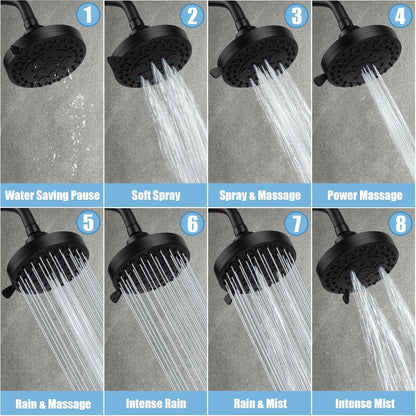 8 Spray Modes Shower Head, 5 Inch High Pressure Shower Heads with 62 Anti-Clogging Nozzles and Adjustable Brass Ball Joint, Replacement for Bathroom Showerhead, Matte Black