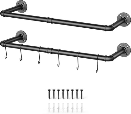Industrial Pipe Clothes Rack Wall Mounted Set of 2, 38.4 Inches Heavy Duty Iron Pipe Clothing Garment Rail, Multi-Purpose Clothing Hanging Rod for Laundry Room and Closet Storage
