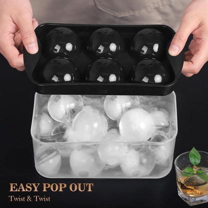 Whiskey Ice Ball Maker with Lid and Bin, 1.9" round Ice Cube Trays for Freezer, Large Sphere Whisky Ices Cubes Tray Circle with Bucket&Tong, Cocktail Bourbon Brandy Scotch(Black-6 Balls*2 Pack)