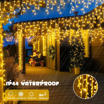 38.8FT Icicle Lights for Outside, 400 LED Icicle Christmas Light Outdoor Indoor Plug In, Warm White Curtain String Lights for Wedding House Patio Party Fireplace Holiday Decorations