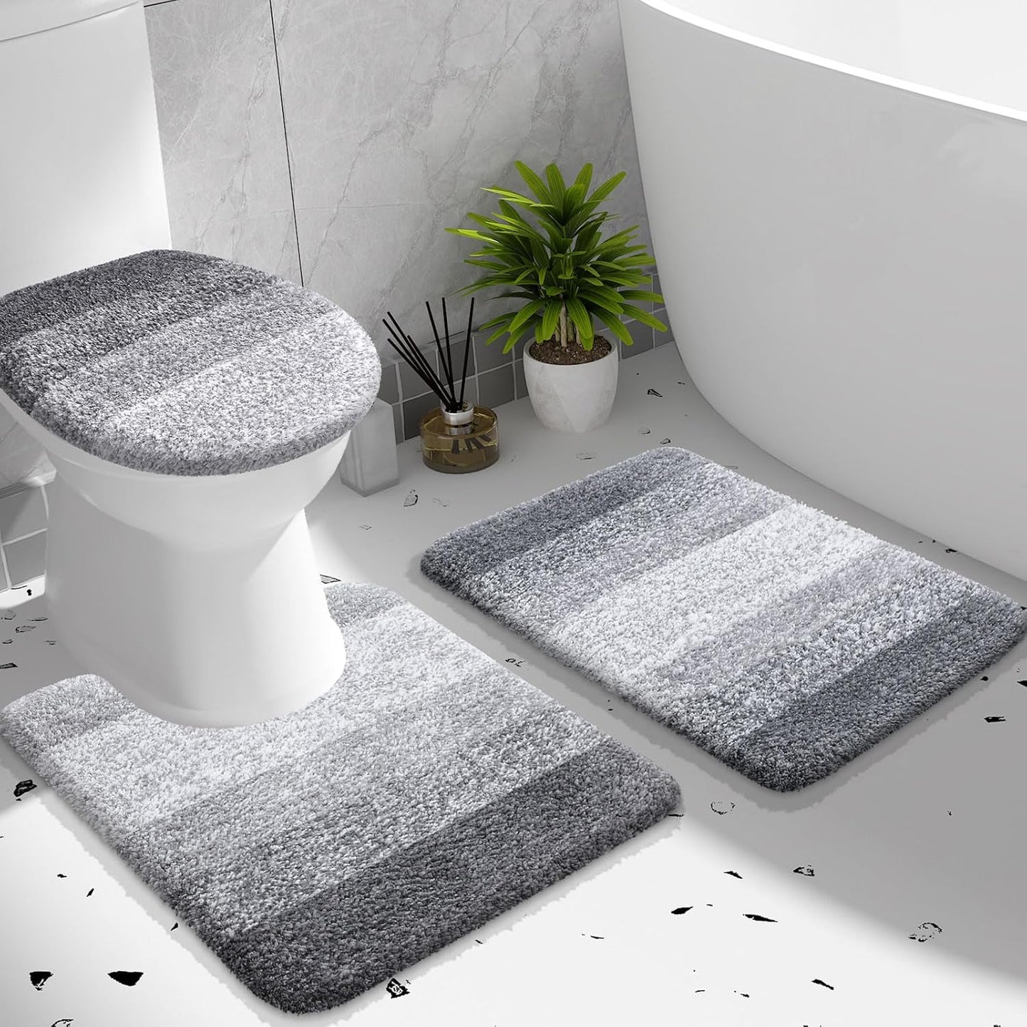 Bathroom Rugs Sets 3 Piece, Soft Microfiber Absorbent Bath Mat, U-Shaped Contour Toilet Mat and Toilet Lid Cover, Quick Dry, Machine Washable, Toilet Cover and Rug Set for Bathroom, Grey