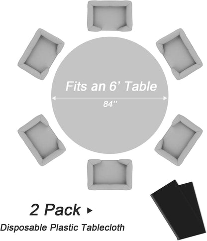 Black round Tablecloth 2 Pack, 84 Inch Plastic Table Cover Disposable for Parties