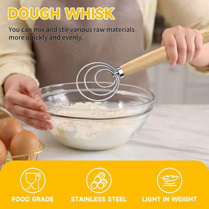 Dough Whisk, 13-Inch Wooden Danish Dough Whisk Sour Dough Tools with Stainless Steel Dough Hook Bread Whisk for Sourdough, Pizza, Pastry, Cake Batter Etc.