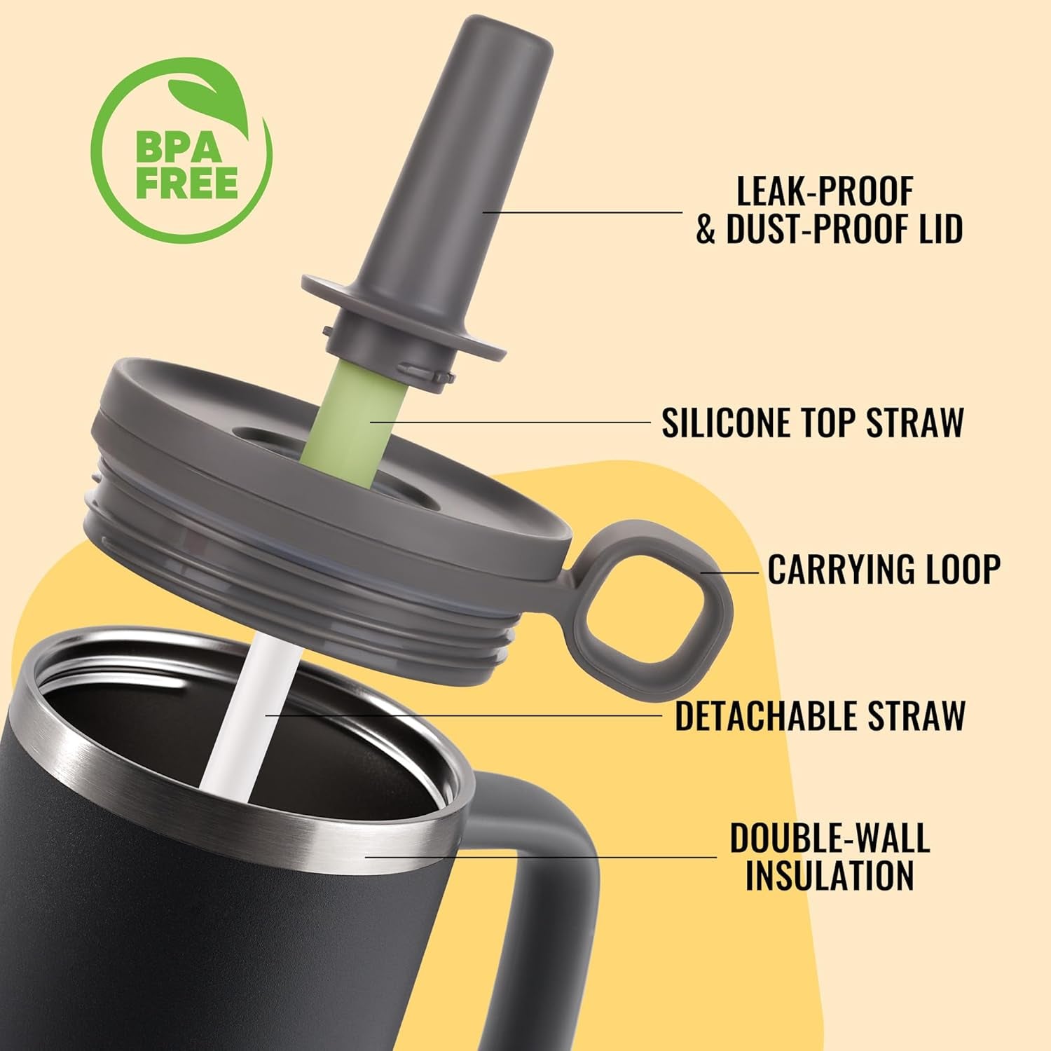 32Oz Tumbler, Insulated Stainless Steel Water Bottle with Straw, Cover Cap, Leak Proof Travel Tumbler with Handle, Bpa-Free, Cupholder Friendly, Gifts for Women & Men, Black