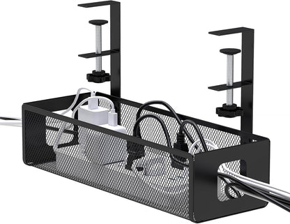 under Desk Cable Management Tray - Cable Management Tray No Drill with F-Clamp Design, Metal Mesh Cord Organizer, Sturdy Wire Organizers for Cords for Home Office Standing Desk, Black