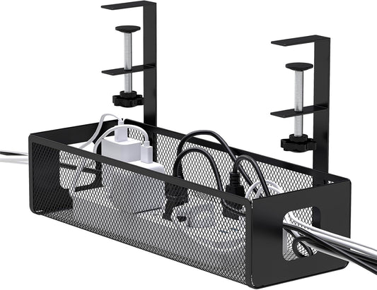 under Desk Cable Management Tray - Cable Management Tray No Drill with F-Clamp Design, Metal Mesh Cord Organizer, Sturdy Wire Organizers for Cords for Home Office Standing Desk, Black